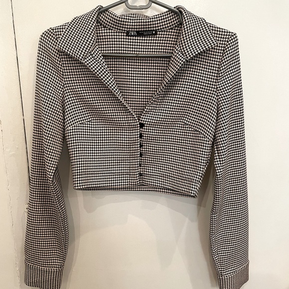 *LIKE NEW* Zara XS HOUNDSTOOTH POLO SHIRT- Cropped Blazer - Picture 4 of 5